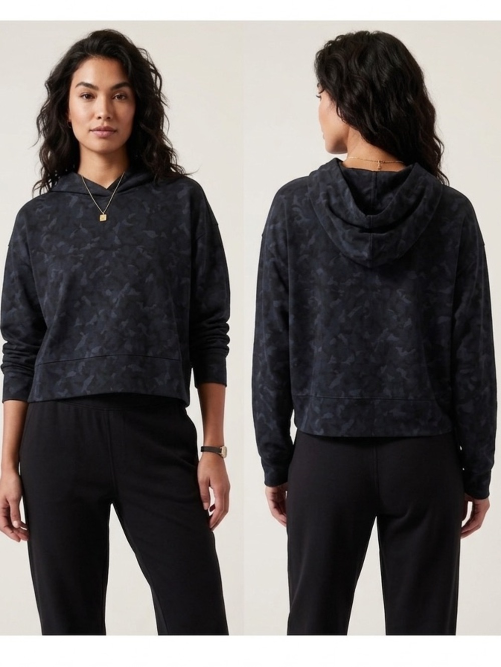 Athleta Farallon Cropped Hoodie XS Navy Camo Oversized  Athleisure Sweatshirt